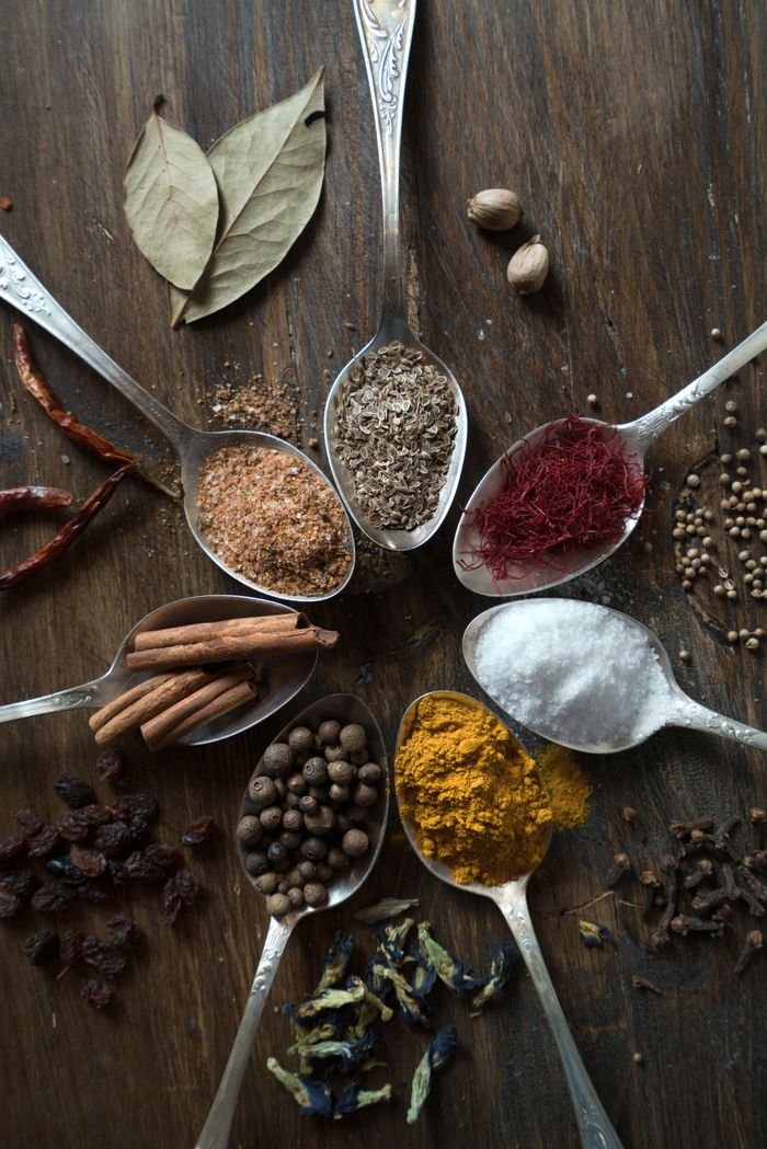 Top view of assorted spices on spoons, showcasing vibrant colors and textures on a wooden surface.